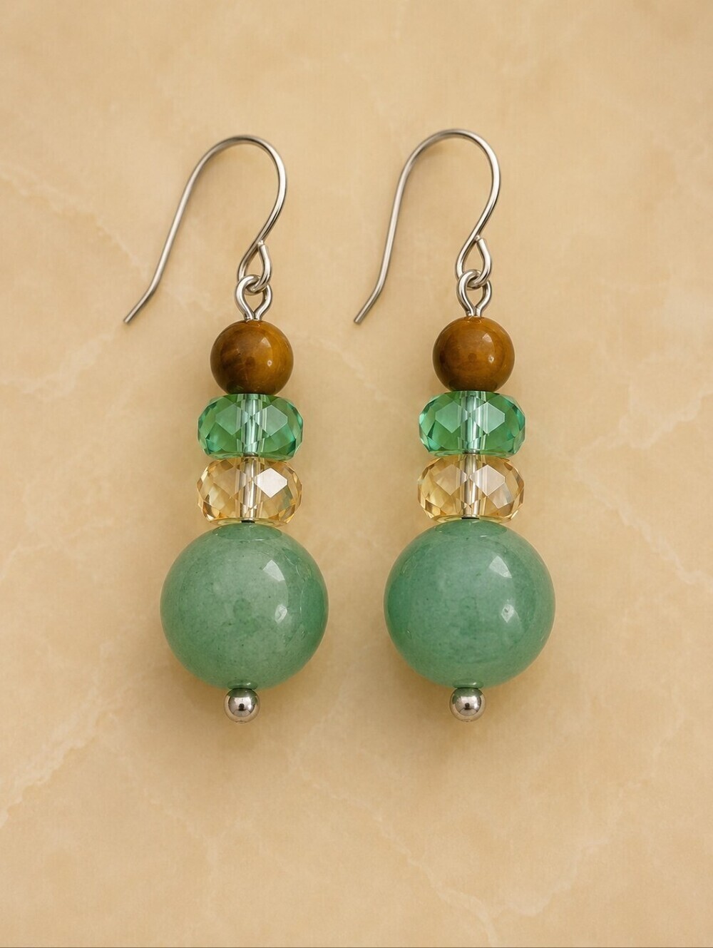 HANDMADE Aventurine Tiger Eye Beaded Dangle Hook Earrings